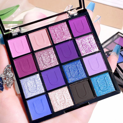 16-Color Purple Eyeshadow Palette, Pearly Glitter Sequins Finish